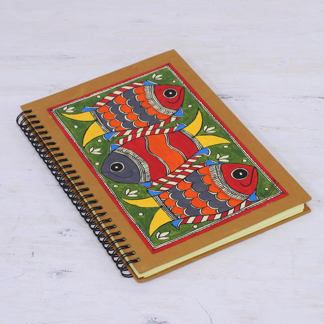 Madhubani Blank 40 Page Journal with Handmade paper - Joyful Fishes