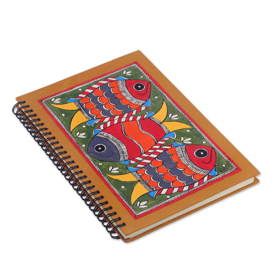 Madhubani Blank 40 Page Journal with Handmade paper - Joyful Fishes