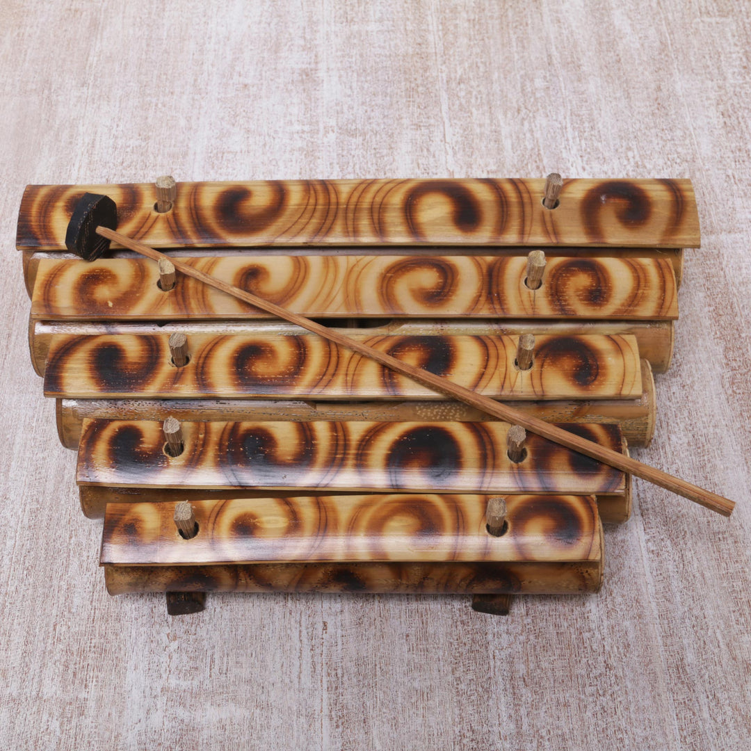 Swirl Motif Bamboo Xylophone with Mallet from Bali - Swirling Melody