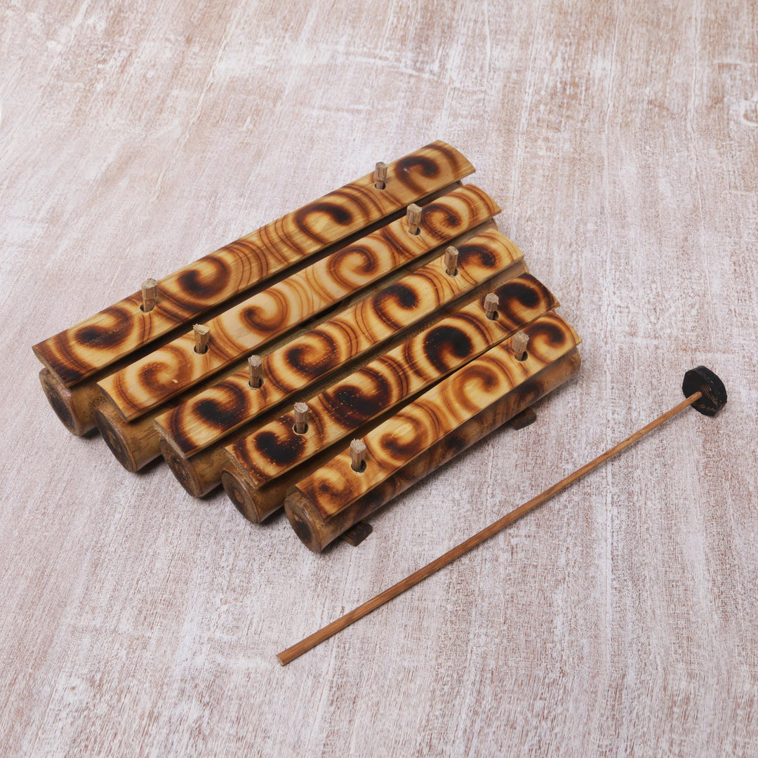 Swirl Motif Bamboo Xylophone with Mallet from Bali - Swirling Melody