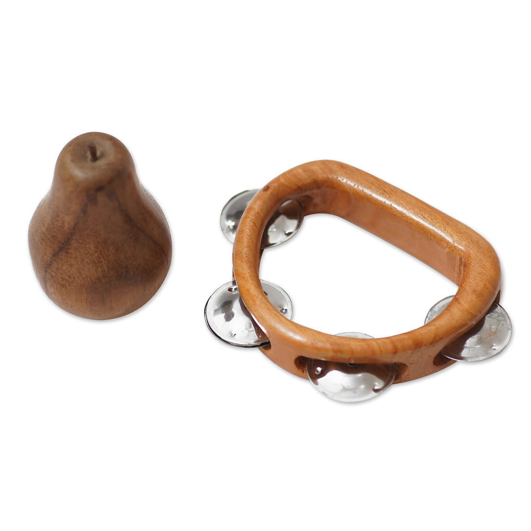 Artisan Crafted Handled Teak Wood Tambourine from Bali - Funky Vibes