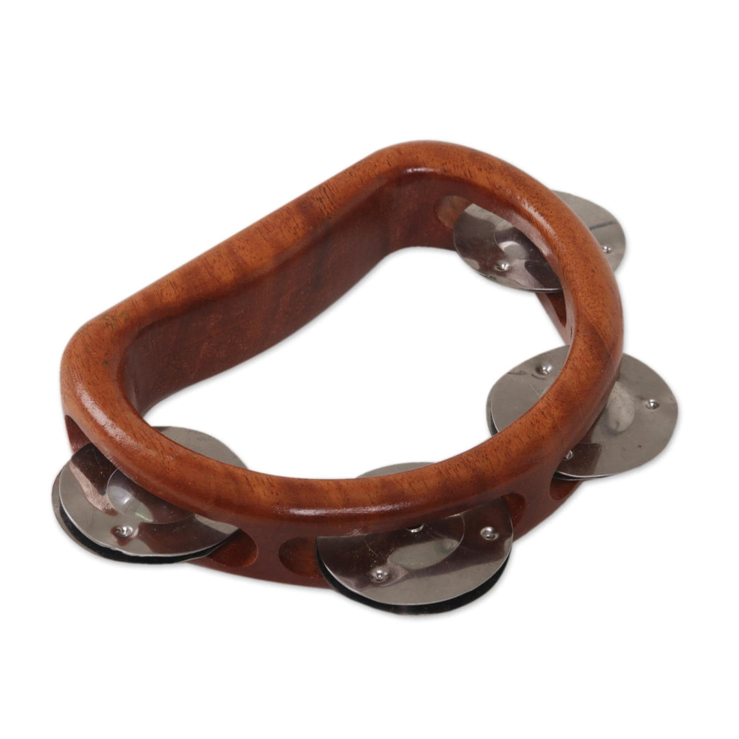 Artisan Crafted Handled Teak Wood Tambourine from Bali - Funky Vibes