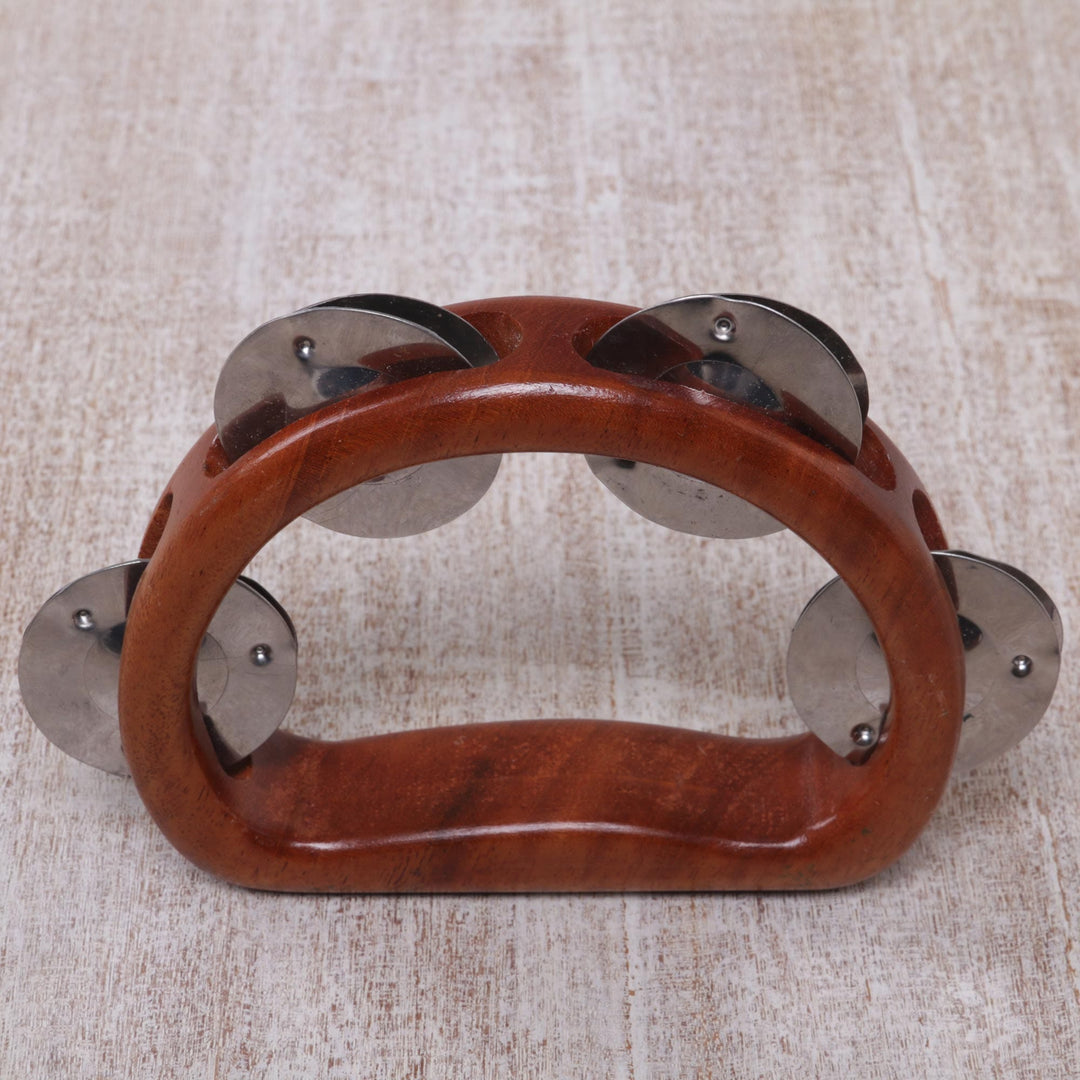 Artisan Crafted Handled Teak Wood Tambourine from Bali - Funky Vibes