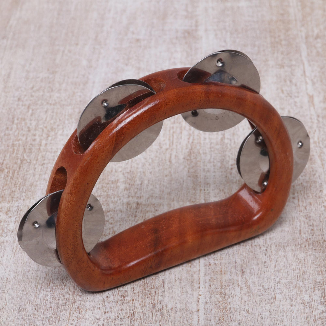 Artisan Crafted Handled Teak Wood Tambourine from Bali - Funky Vibes