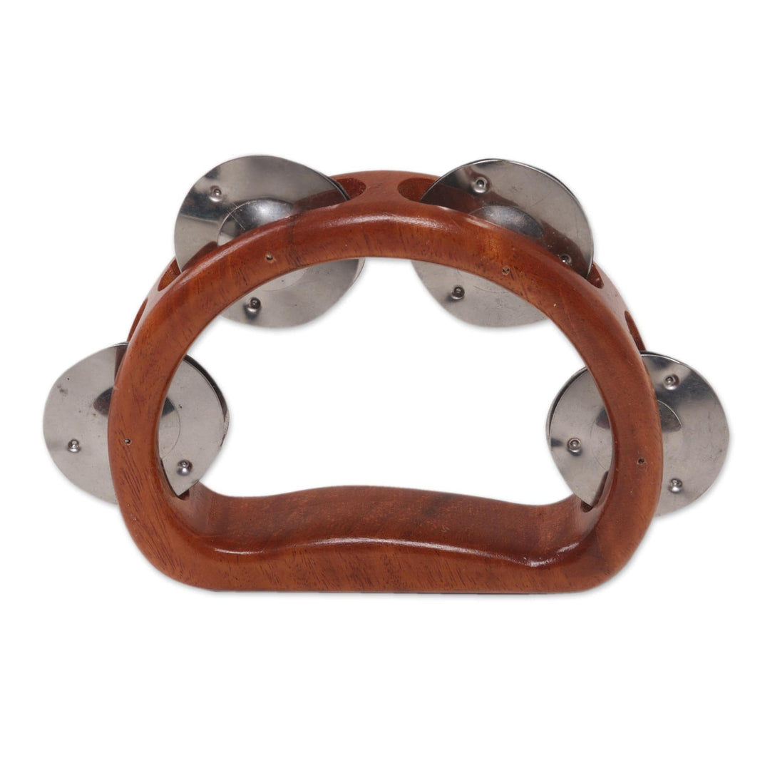 Artisan Crafted Handled Teak Wood Tambourine from Bali - Funky Vibes