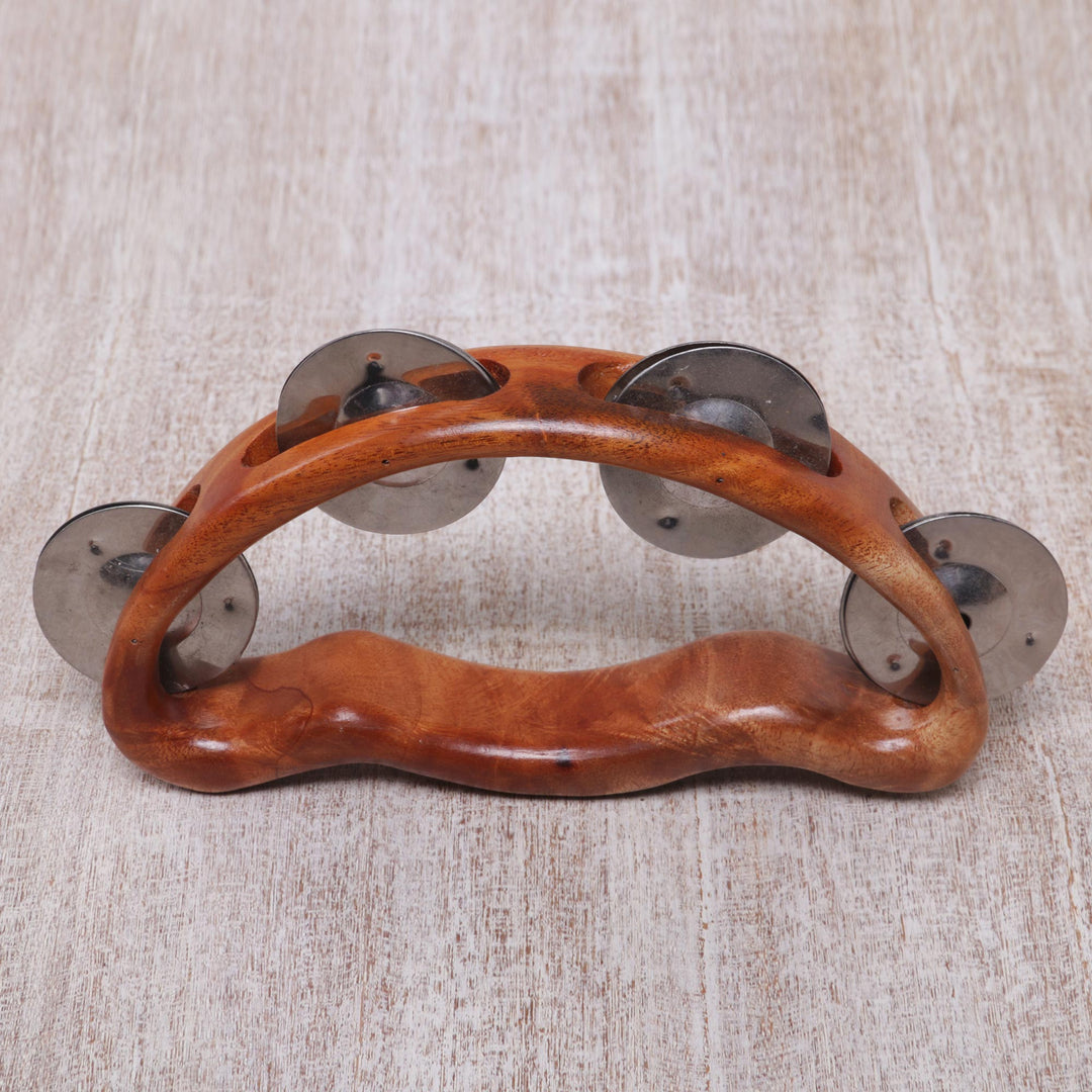Artisan Handcrafted Teak Wood Tambourine from Bali - Rhythmic Vibes