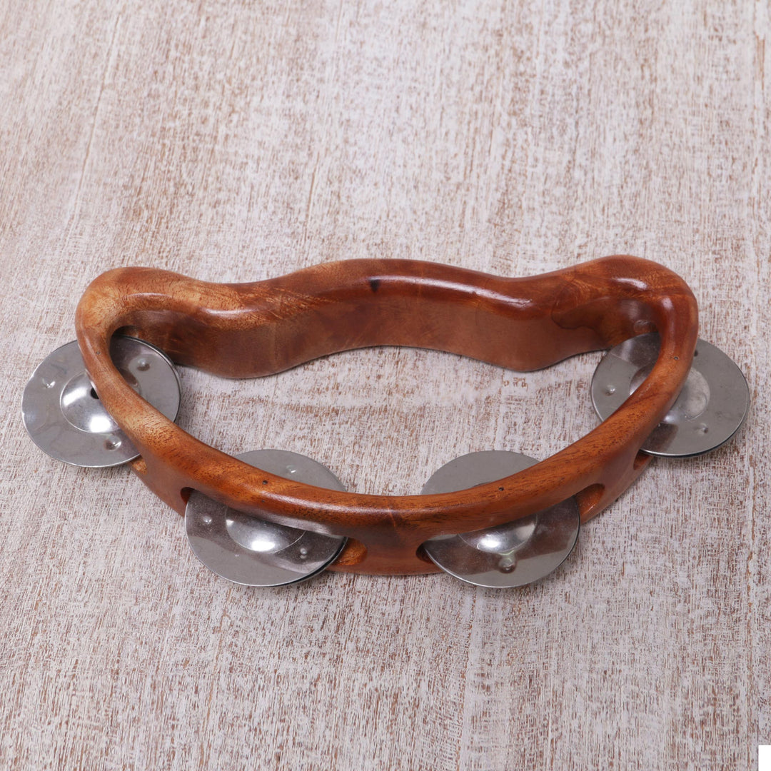 Artisan Handcrafted Teak Wood Tambourine from Bali - Rhythmic Vibes