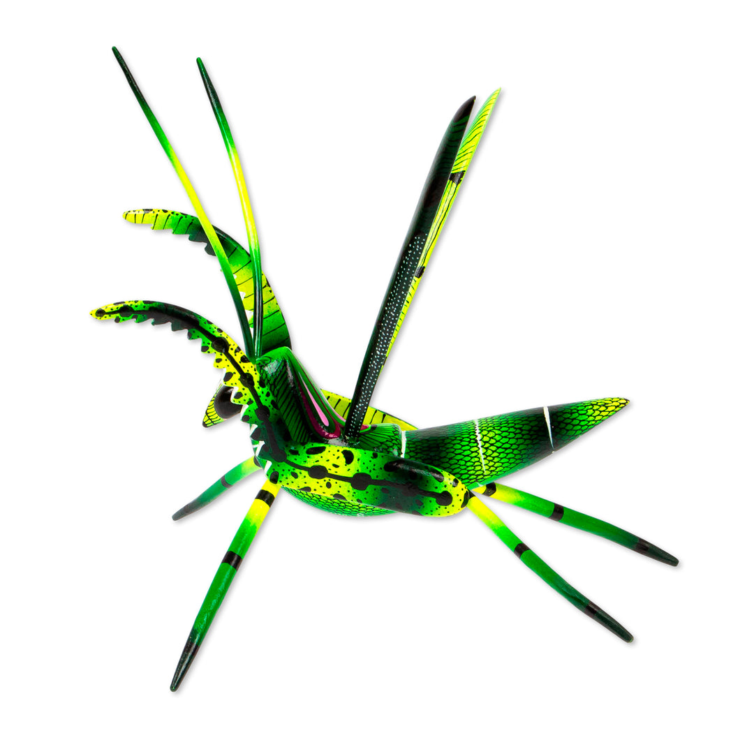 Wood Alebrije Cricket Sculpture in Green from Mexico - Green Good Luck Cricket
