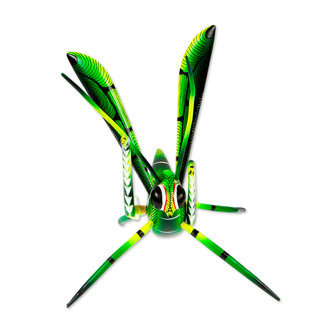 Wood Alebrije Cricket Sculpture in Green from Mexico - Green Good Luck Cricket
