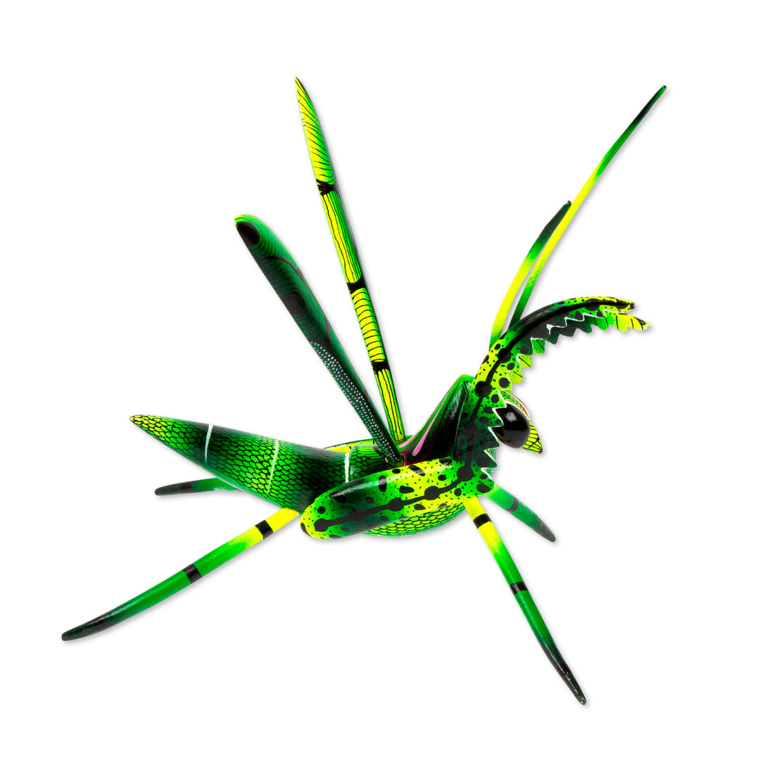Wood Alebrije Cricket Sculpture in Green from Mexico - Green Good Luck Cricket