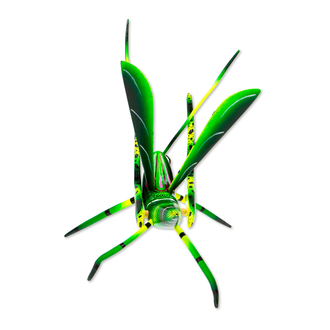 Wood Alebrije Cricket Sculpture in Green from Mexico - Green Good Luck Cricket