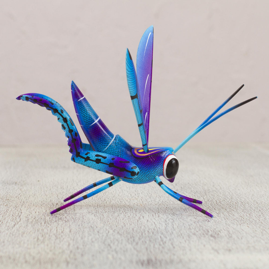 Wood Alebrije Cricket Sculpture in Blue from Mexico - Blue Good Luck Cricket