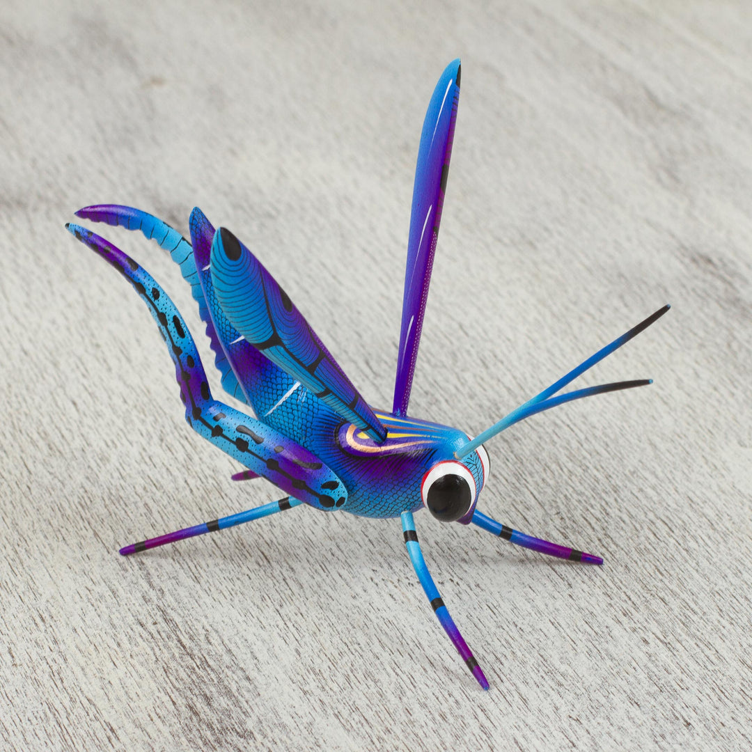 Wood Alebrije Cricket Sculpture in Blue from Mexico - Blue Good Luck Cricket