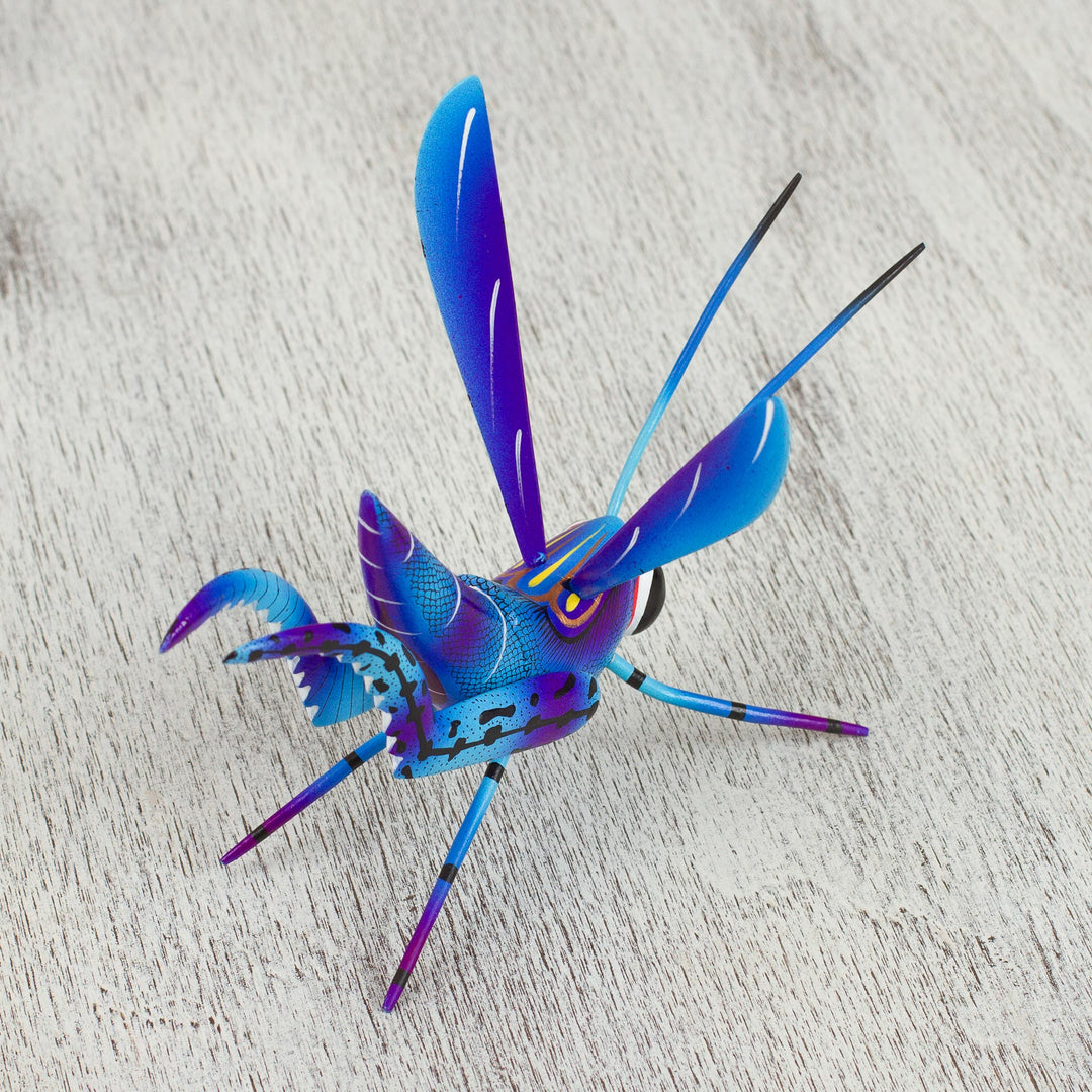 Wood Alebrije Cricket Sculpture in Blue from Mexico - Blue Good Luck Cricket
