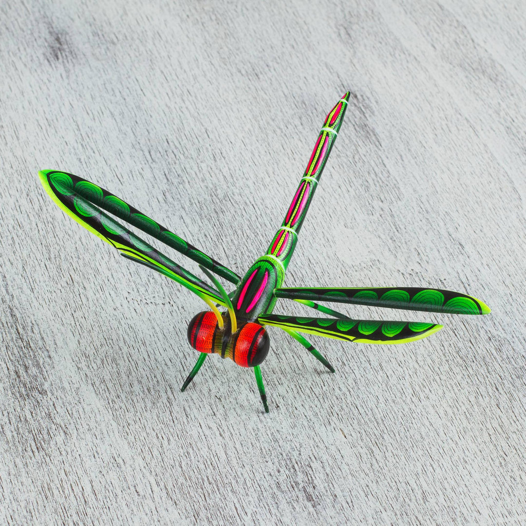 Handcrafted Green Copal Wood Dragonfly Sculpture.from Mexico - Sweet Freedom in Green