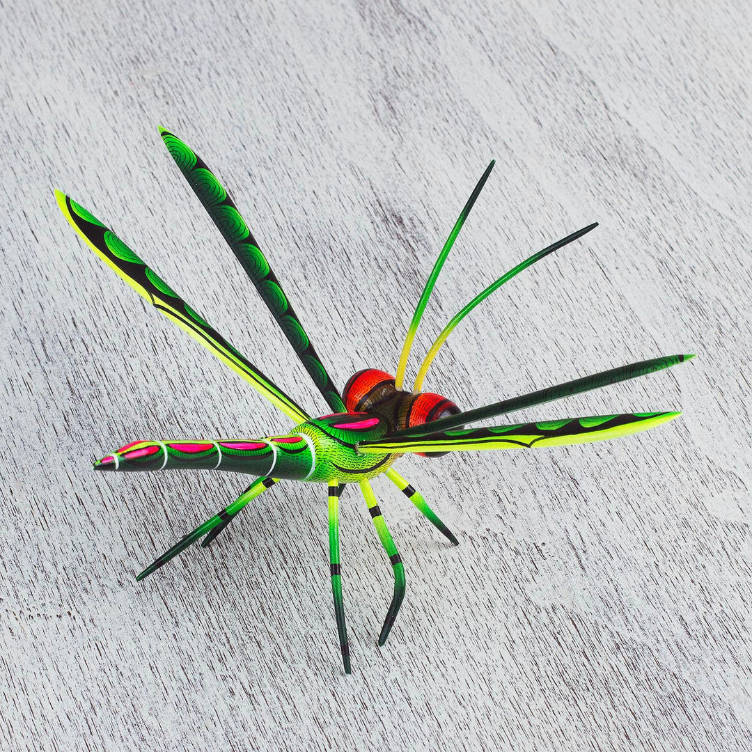 Handcrafted Green Copal Wood Dragonfly Sculpture.from Mexico - Sweet Freedom in Green