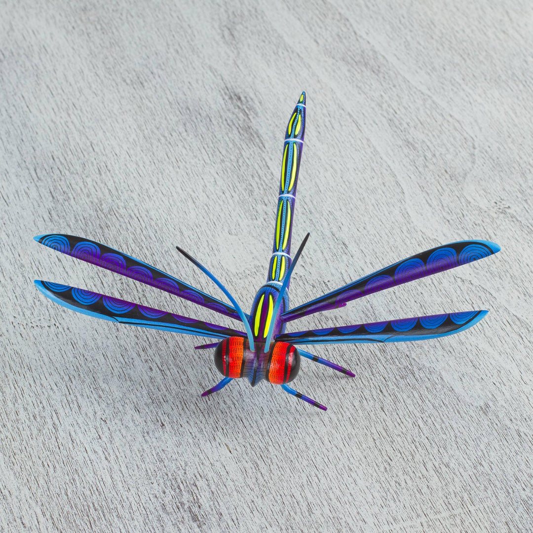 Handcrafted Blue Copal Wood Dragonfly Sculpture from Mexico - Sweet Freedom in Blue
