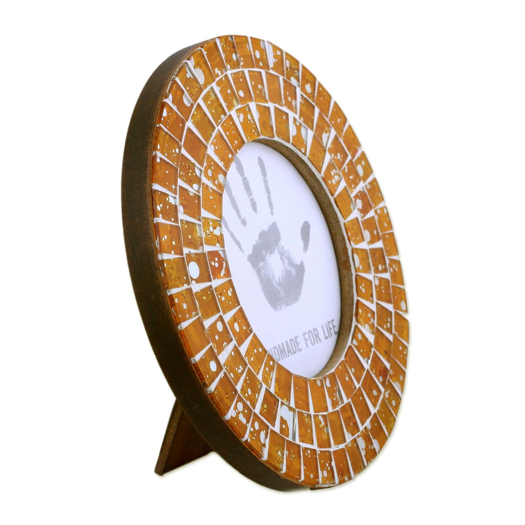 4 Inch Circular Orange Glass Mosaic Photo Frame from India - Bubbling Memories