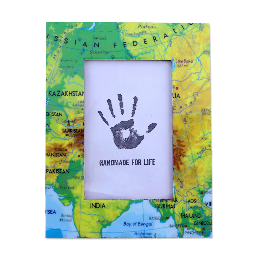 4x6 Rectangular Map-Themed Wood Photo Frame from India - Travel the World