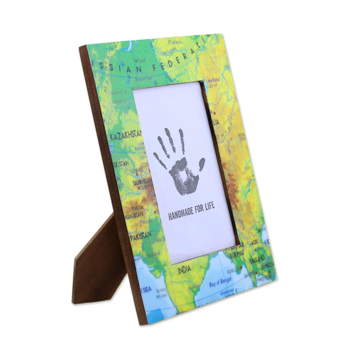 4x6 Rectangular Map-Themed Wood Photo Frame from India - Travel the World