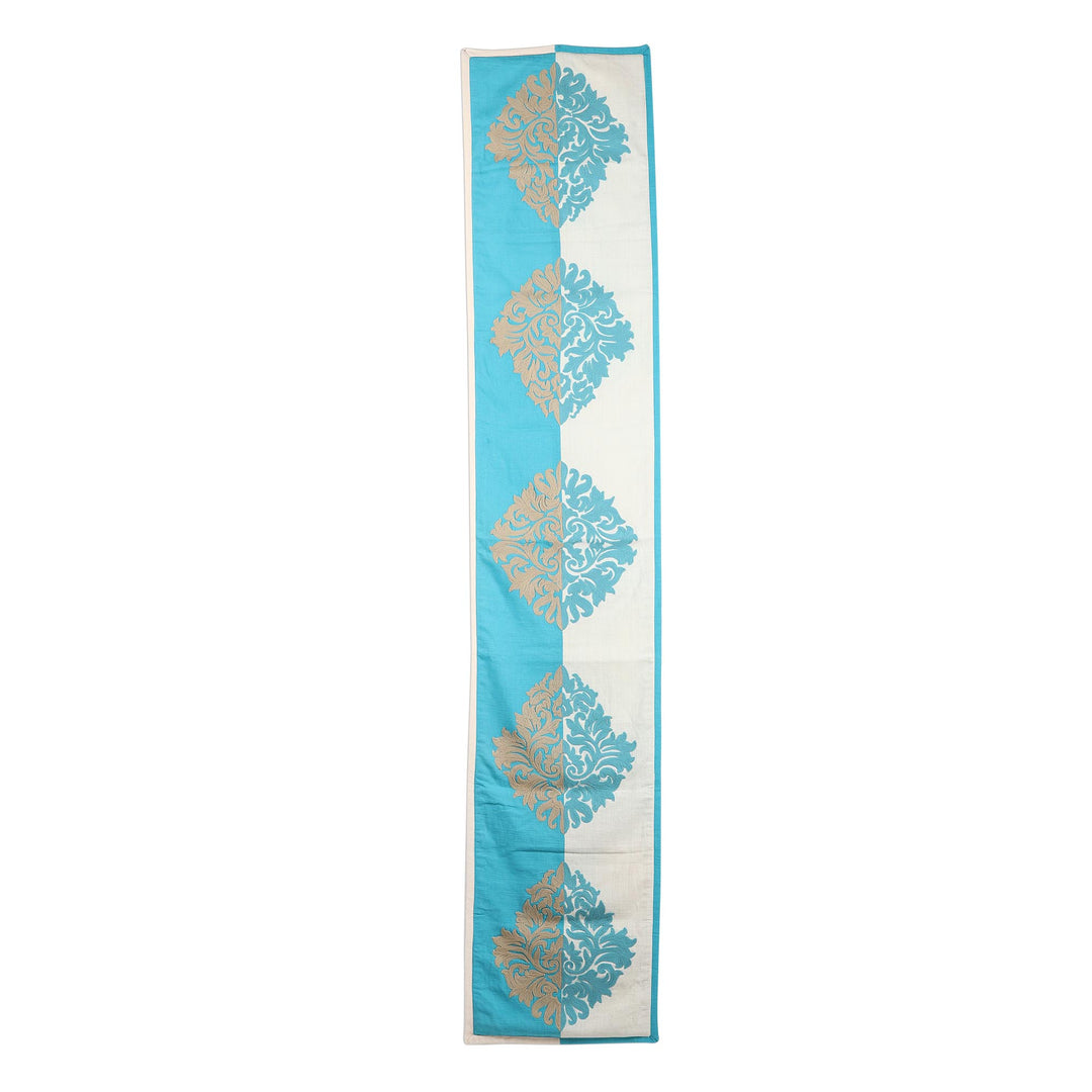 Cotton Blend Turquoise Beige Leaf Embroidered Table Runner - Majestic Fusion