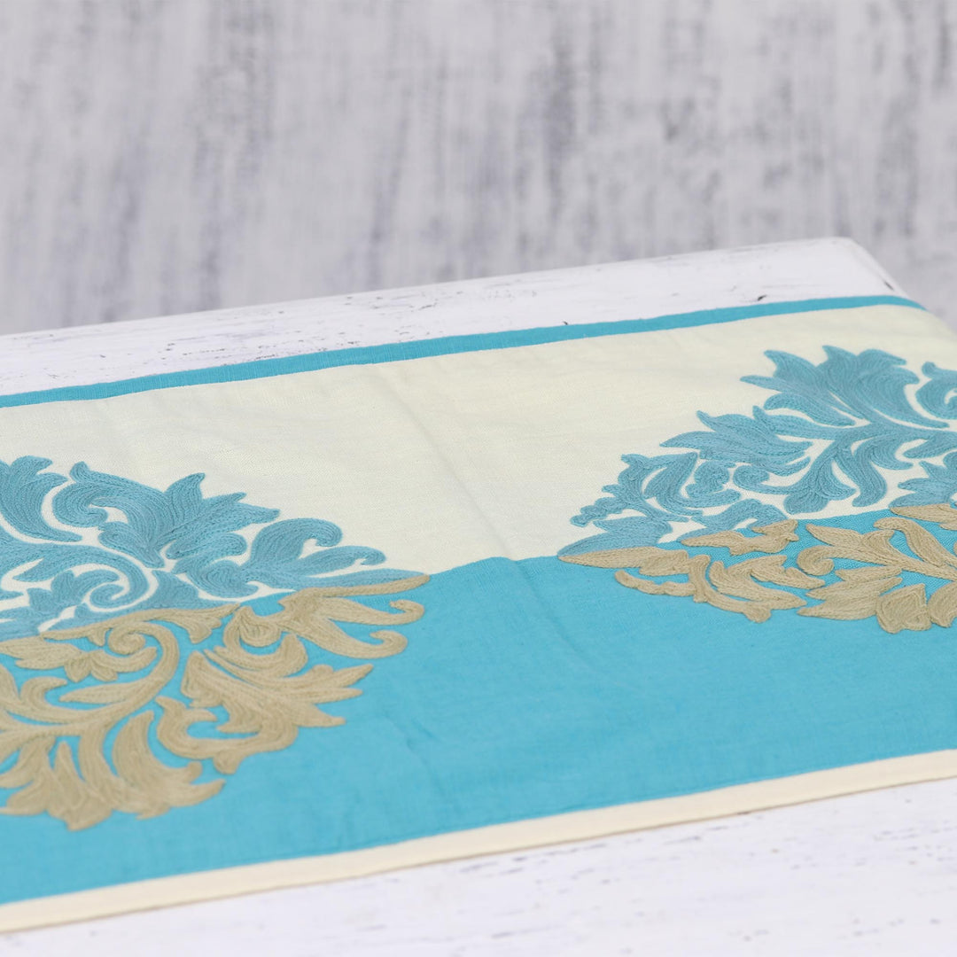 Cotton Blend Turquoise Beige Leaf Embroidered Table Runner - Majestic Fusion