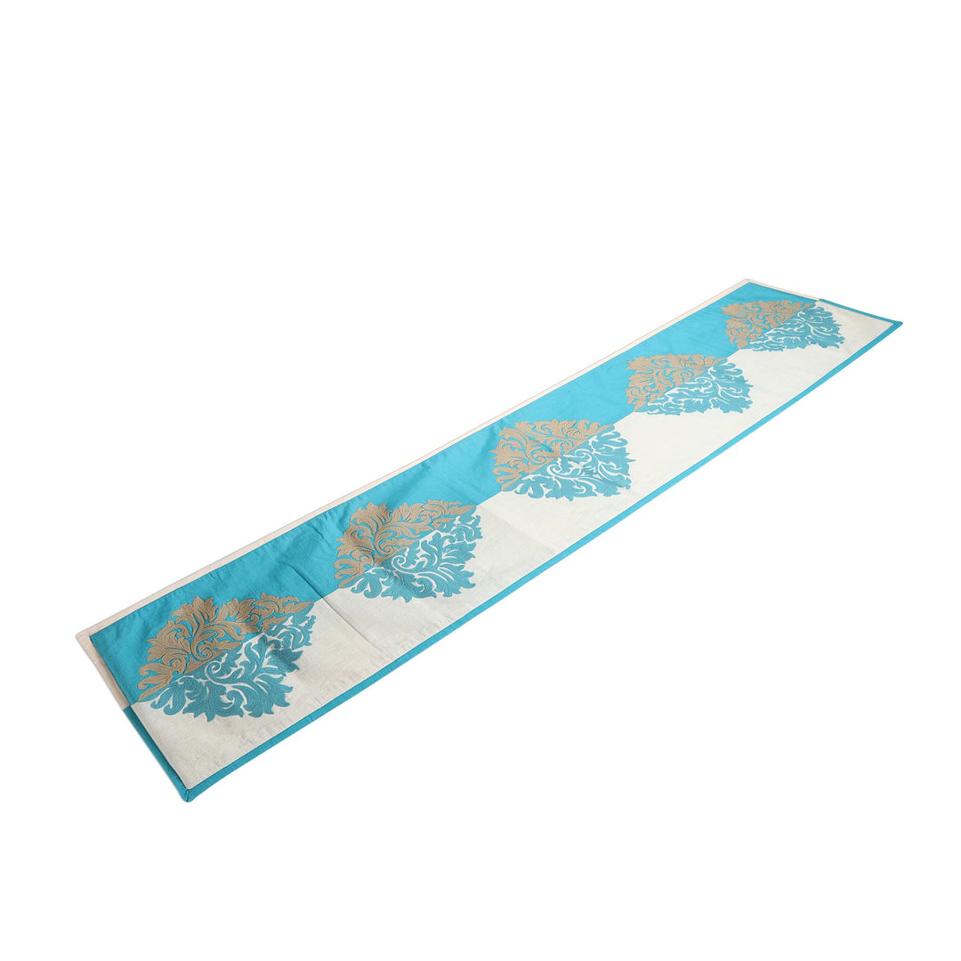 Cotton Blend Turquoise Beige Leaf Embroidered Table Runner - Majestic Fusion
