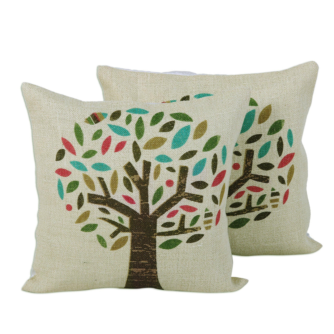 Pair of Tree Motif Printed Jute Cushion Covers from India - Diverse Tree