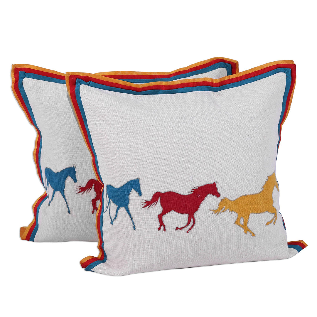 Horse Themed Cotton Cushion Covers from India (Pair) - Post Time