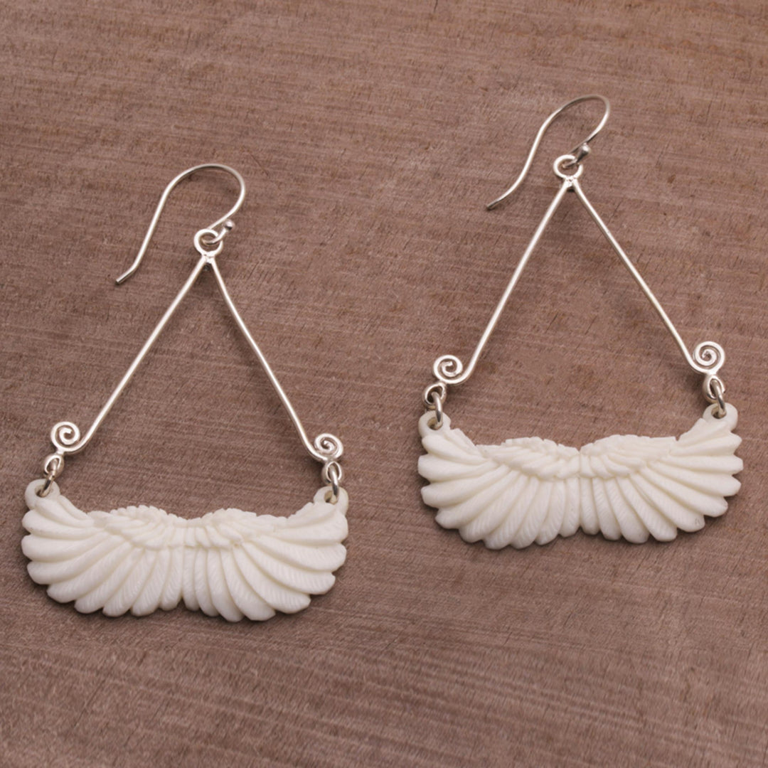 Bone and Sterling Silver Wing Dangle Earrings from Bali - Fly Home