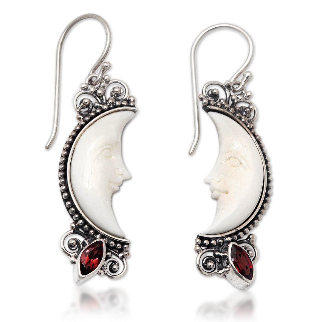 Garnet and Silver Crescent Moon Dangle Earrings from Bali - Natural Moonlight