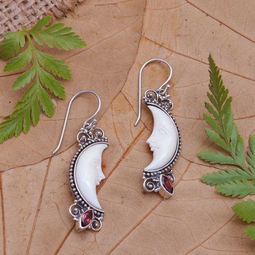 Garnet and Silver Crescent Moon Dangle Earrings from Bali - Natural Moonlight