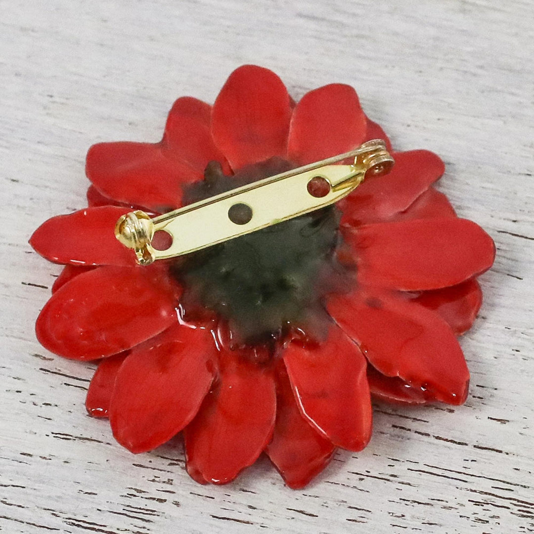 Natural Aster Flower Brooch in Cardinal Red from Thailand - Let It Bloom in Cardinal Red