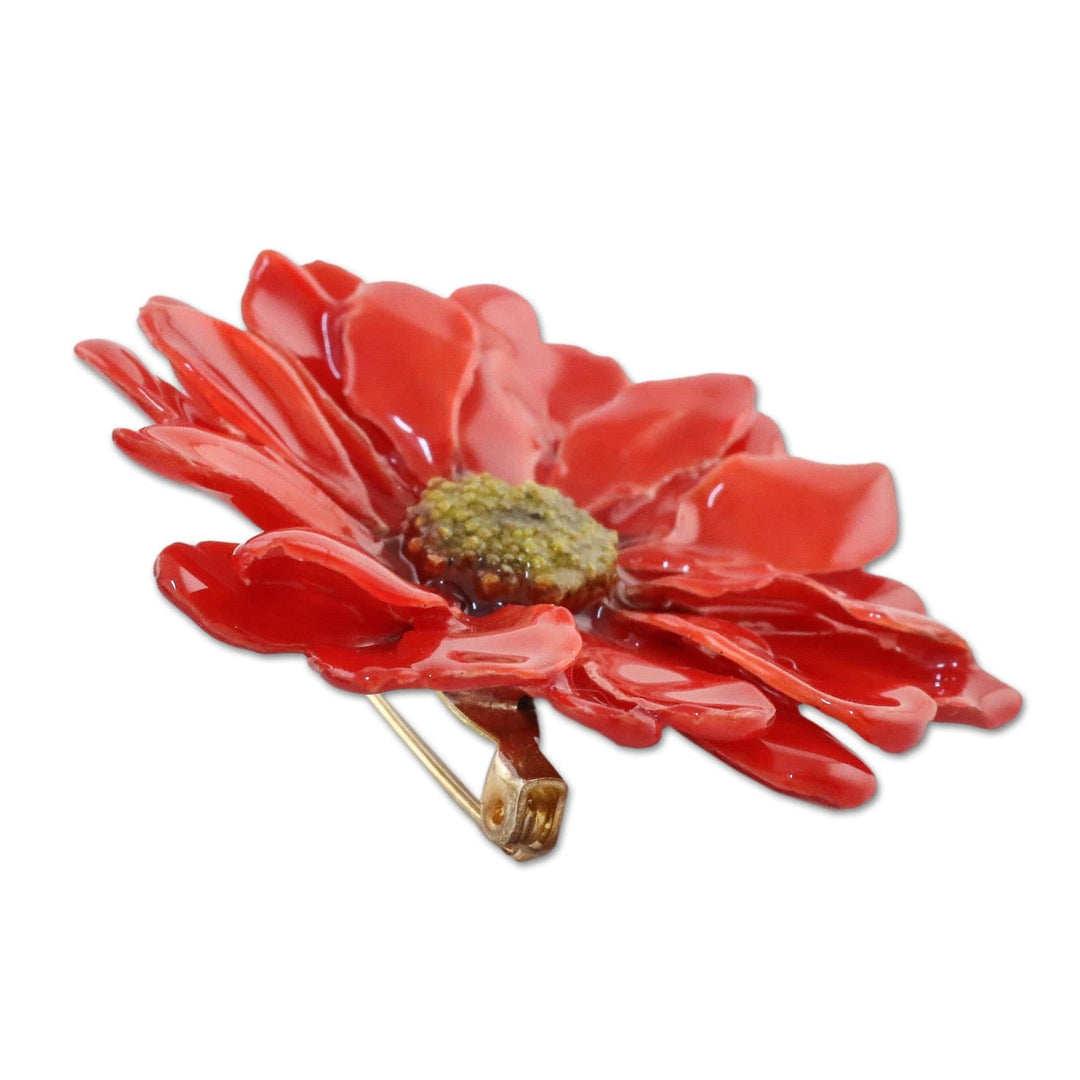 Natural Aster Flower Brooch in Cardinal Red from Thailand - Let It Bloom in Cardinal Red