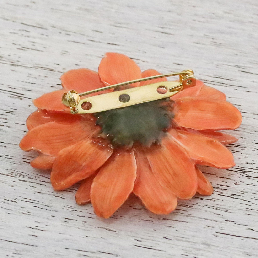 Natural Aster Flower Brooch in Tangerine from Thailand - Let It Bloom in Tangerine