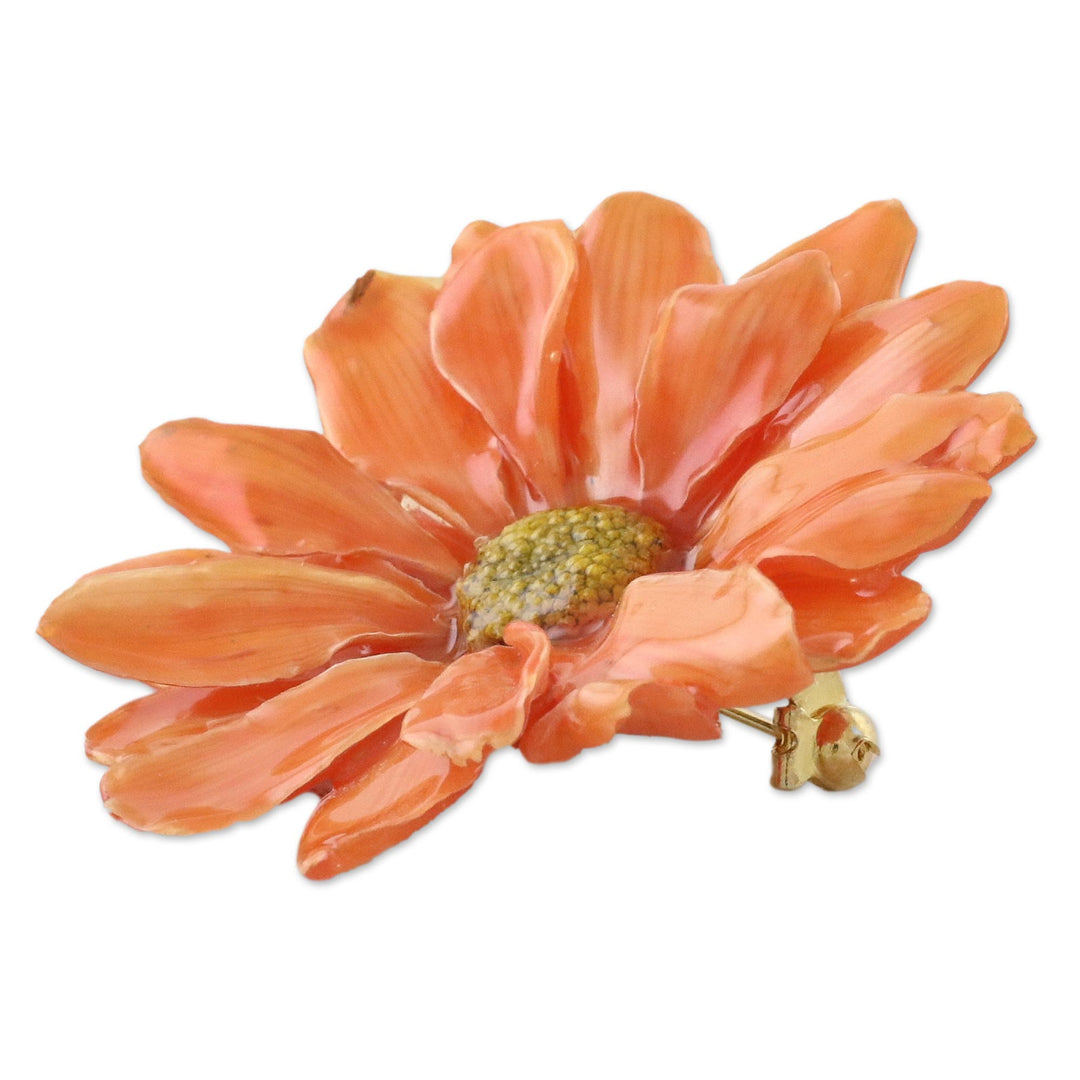 Natural Aster Flower Brooch in Tangerine from Thailand - Let It Bloom in Tangerine