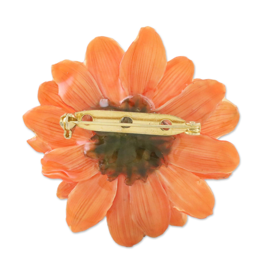 Natural Aster Flower Brooch in Tangerine from Thailand - Let It Bloom in Tangerine