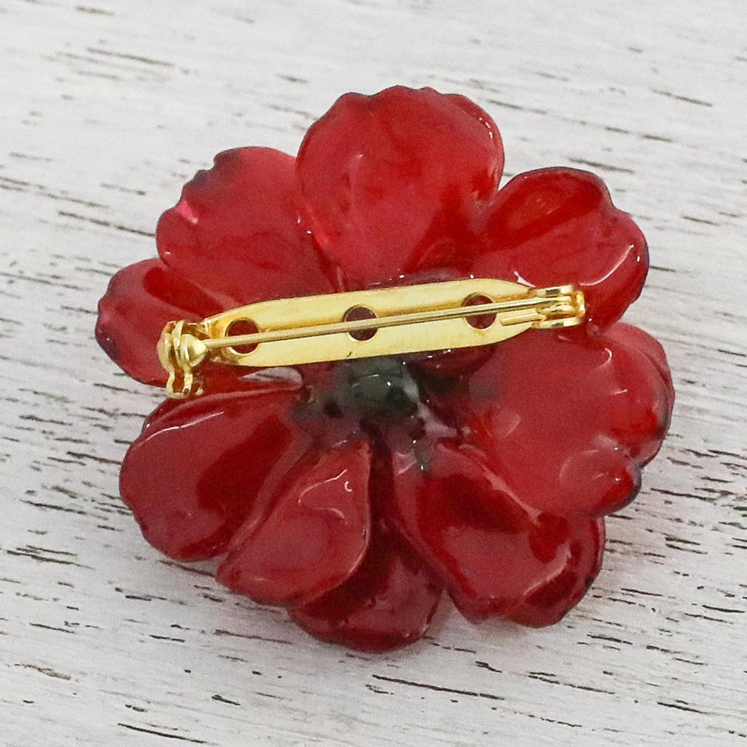 Natural Cosmos Flower Brooch in Crimson from Thailand - Blooming Cosmos in Crimson