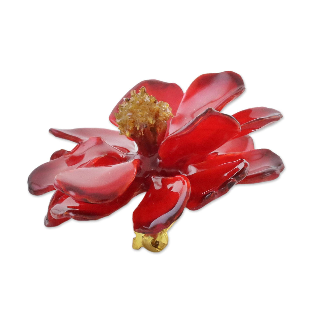 Natural Cosmos Flower Brooch in Crimson from Thailand - Blooming Cosmos in Crimson