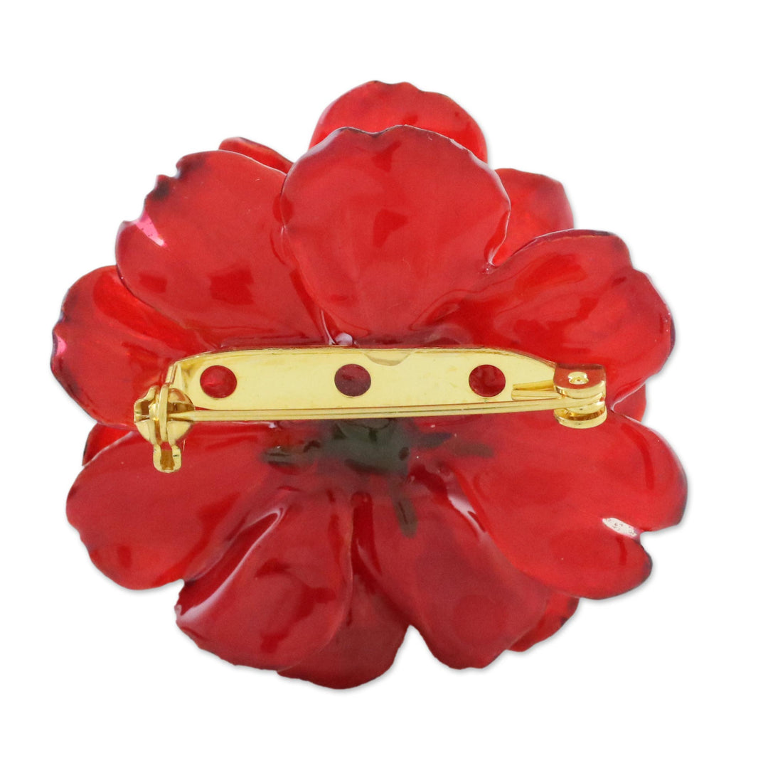Natural Cosmos Flower Brooch in Crimson from Thailand - Blooming Cosmos in Crimson