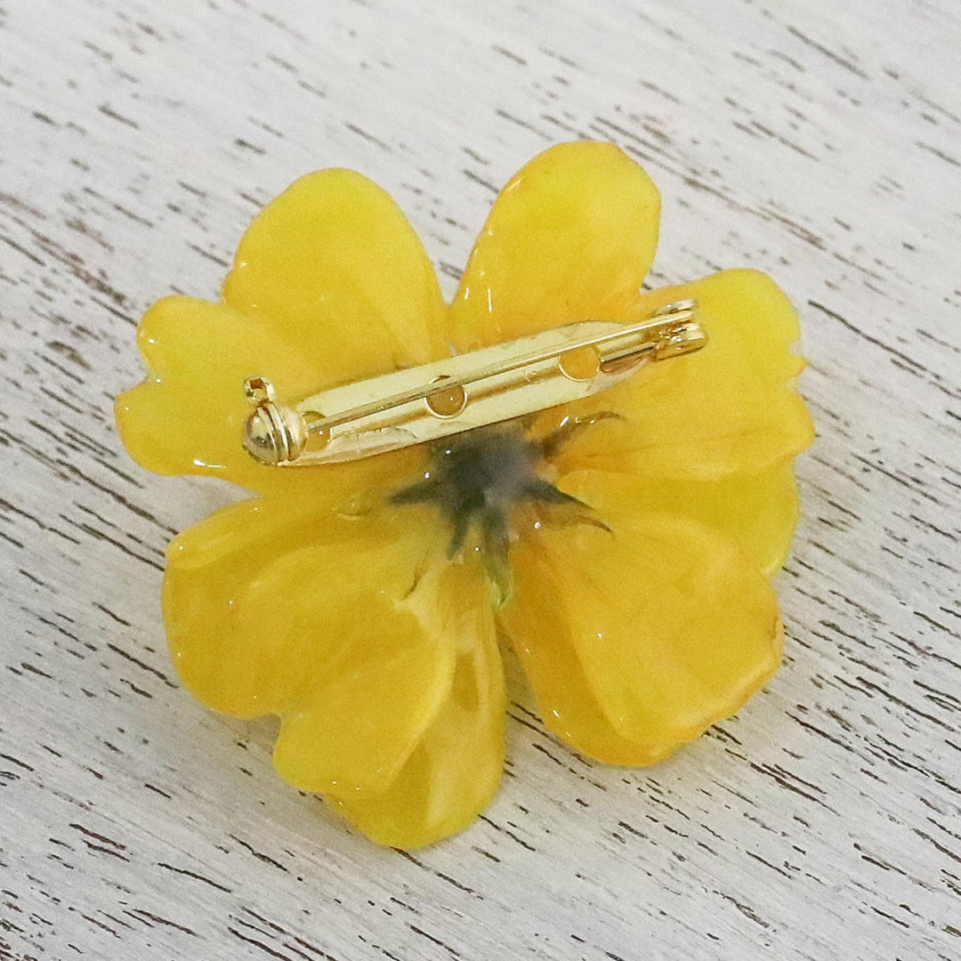 Natural Cosmos Flower Brooch in Goldenrod from Thailand - Blooming Cosmos in Goldenrod