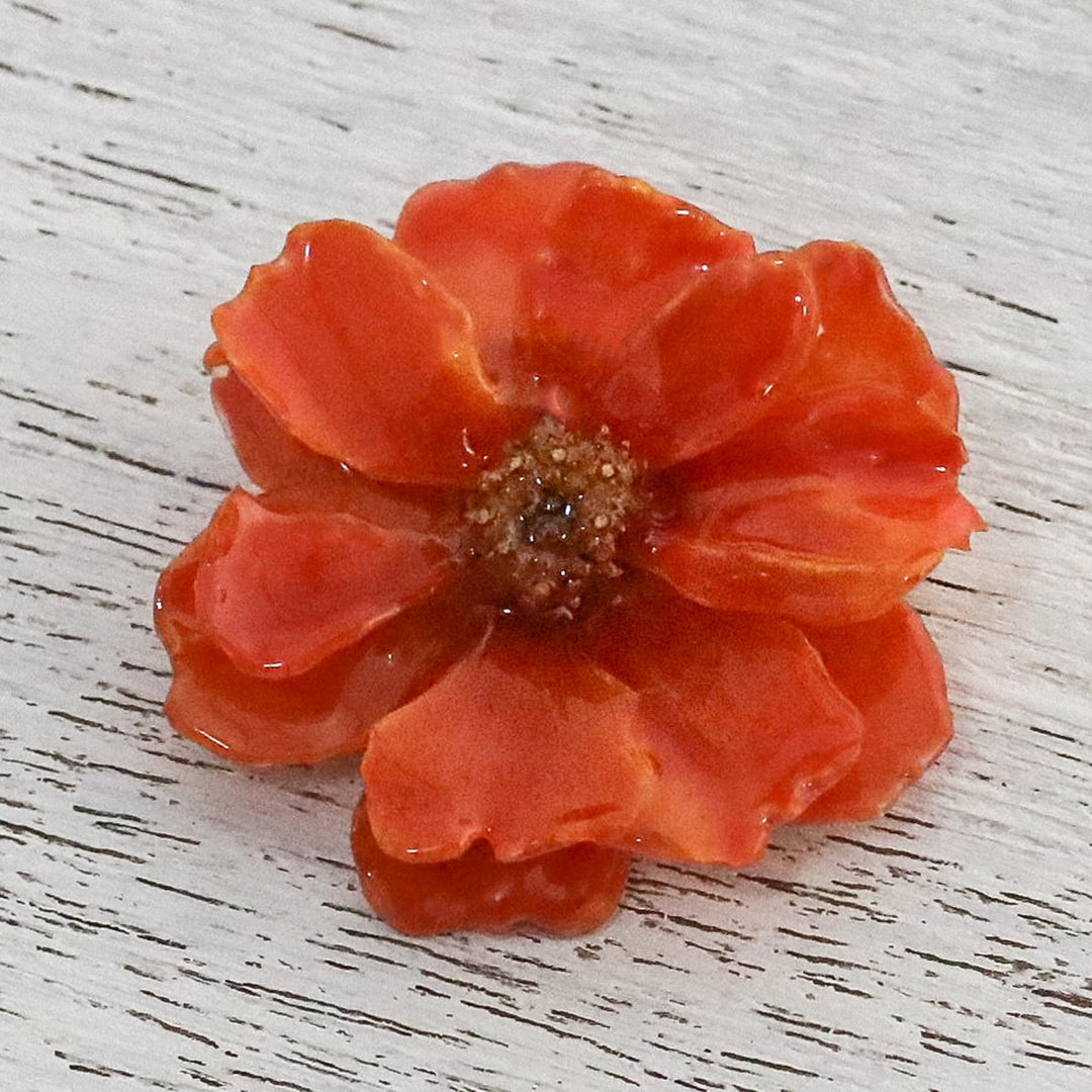 Natural Cosmos Flower Brooch in Pumpkin from Thailand - Blooming Cosmos in Pumpkin