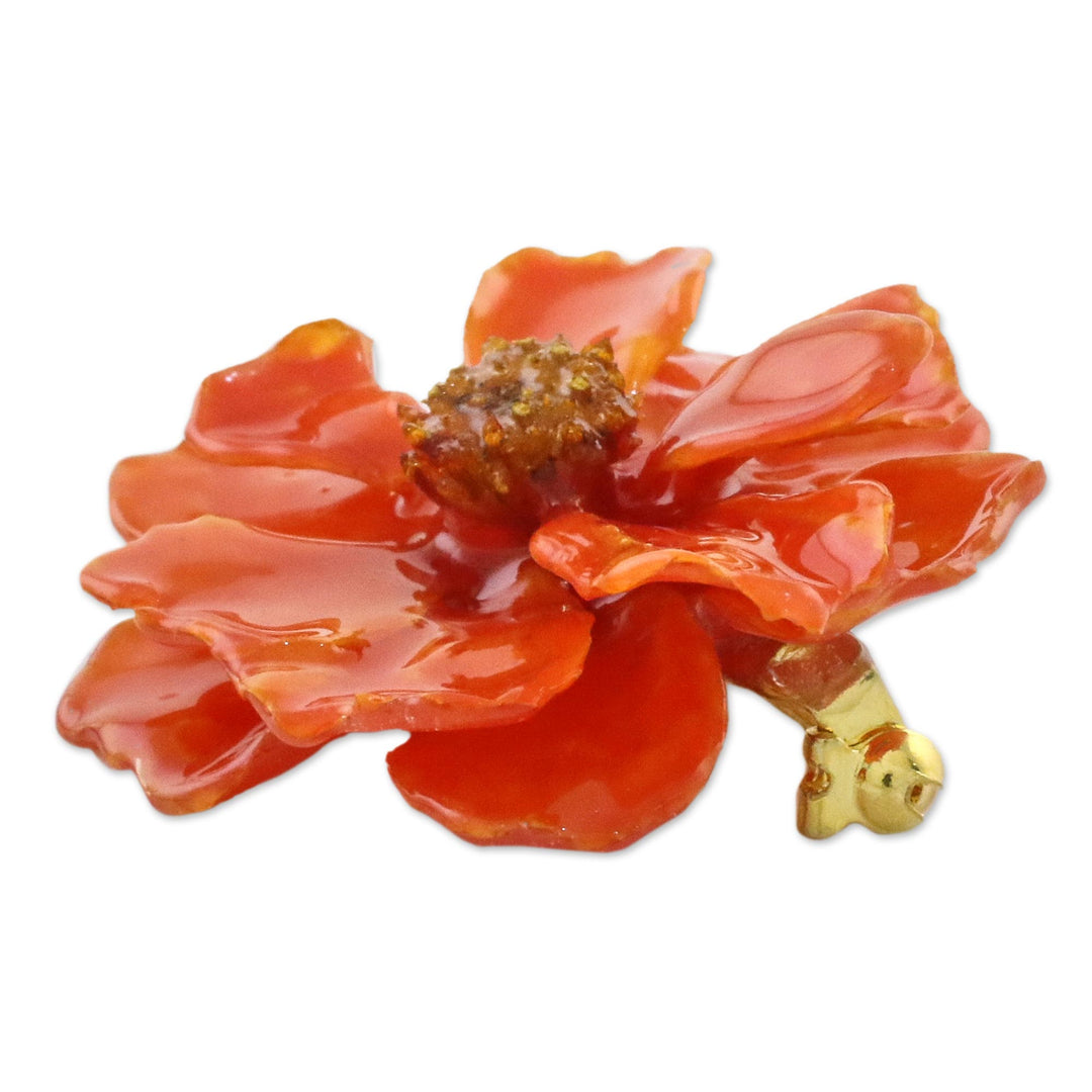 Natural Cosmos Flower Brooch in Pumpkin from Thailand - Blooming Cosmos in Pumpkin
