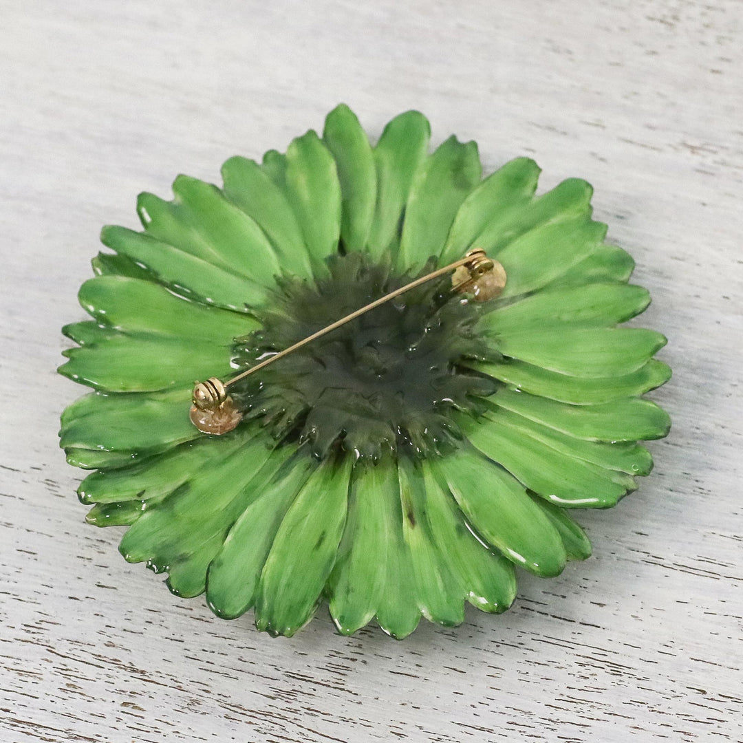 Natural Gerbera Flower Brooch in Moss Green from Thailand - Splendid Petals in Moss Green