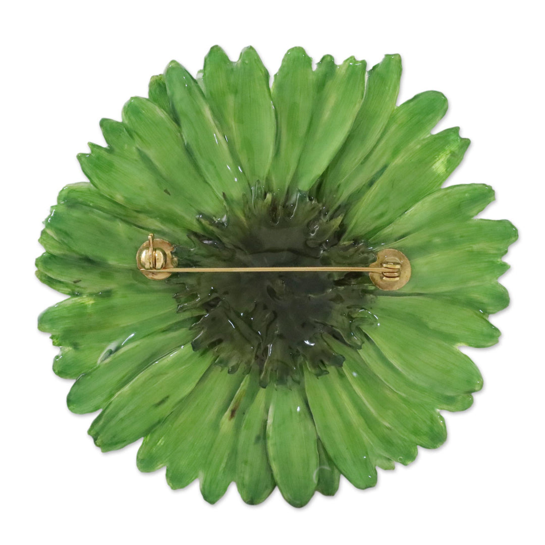 Natural Gerbera Flower Brooch in Moss Green from Thailand - Splendid Petals in Moss Green