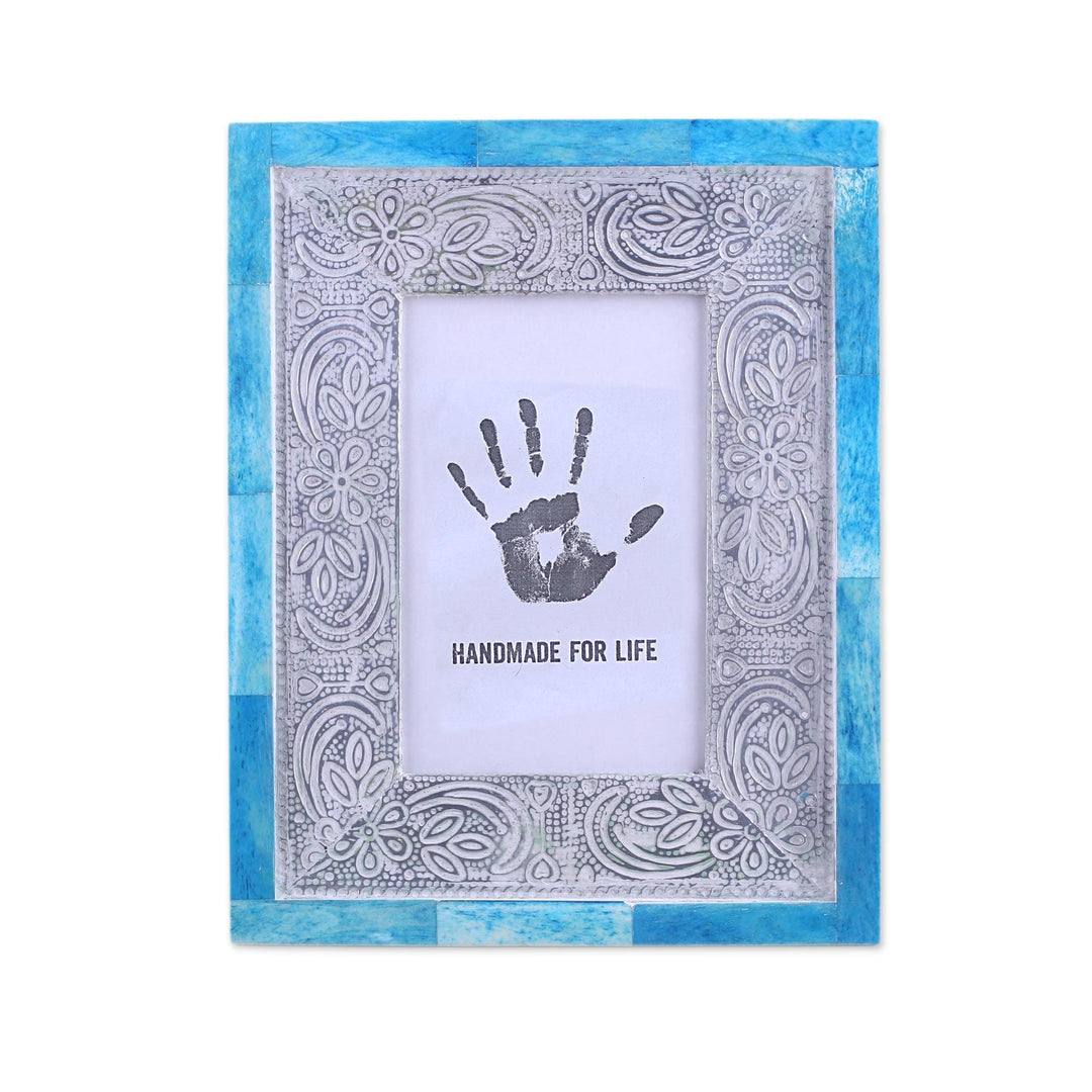 4x6 Handcrafted Bone and Aluminum Photo Frame from India - Don't Be Blue