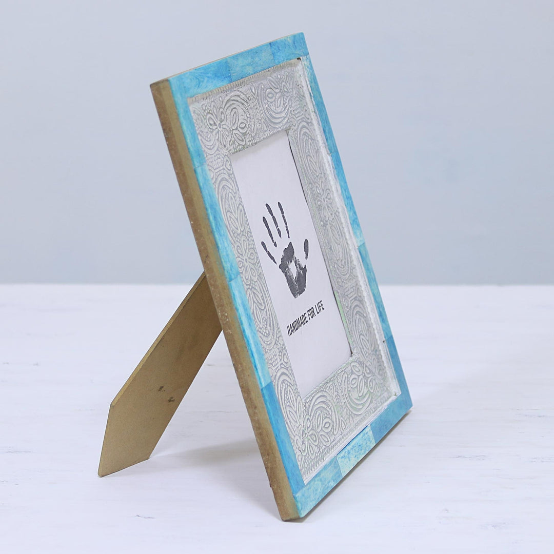4x6 Handcrafted Bone and Aluminum Photo Frame from India - Don't Be Blue