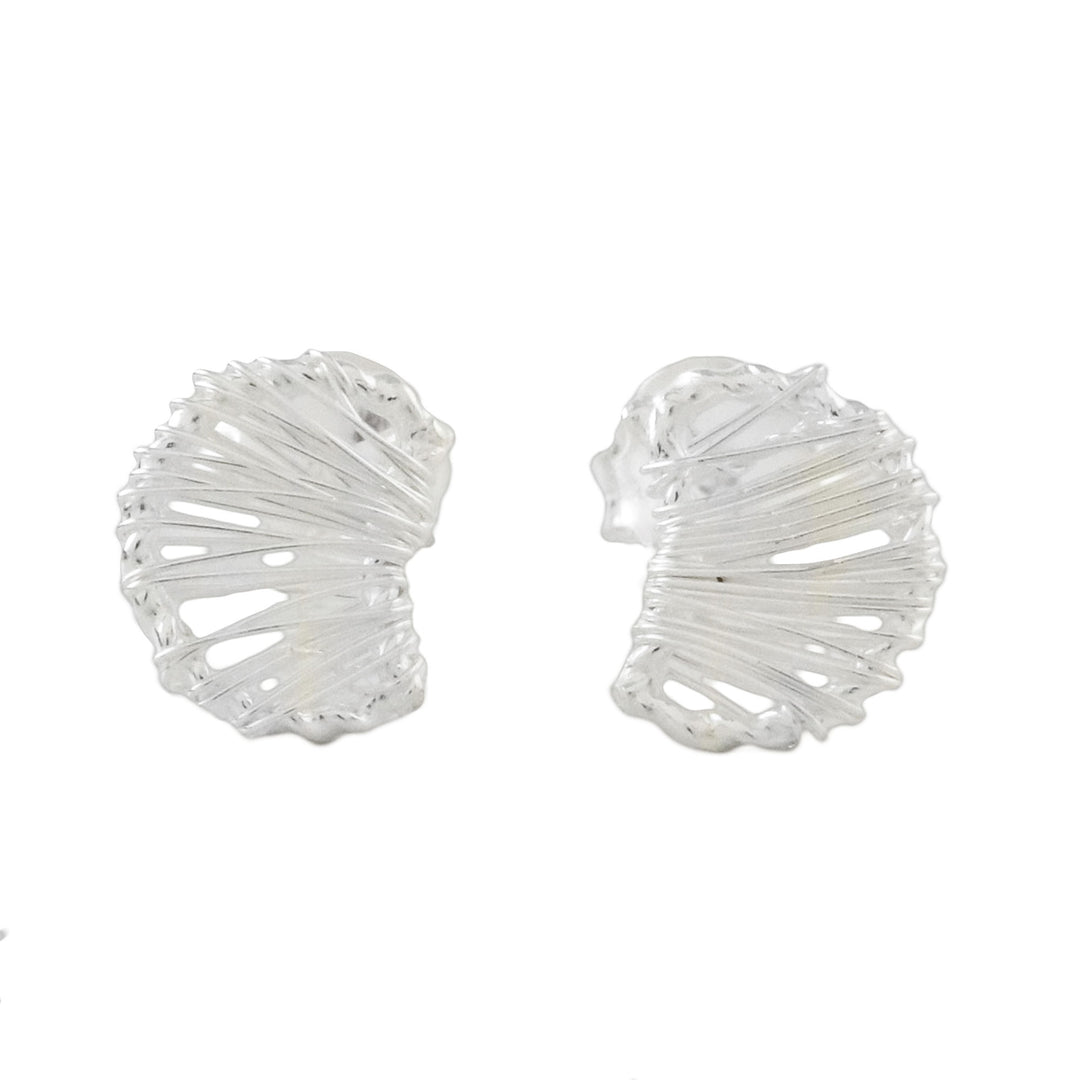 Thai Artisan Sterling Silver Wire Wrapped Moon Stud Earrings - Unseen Moons