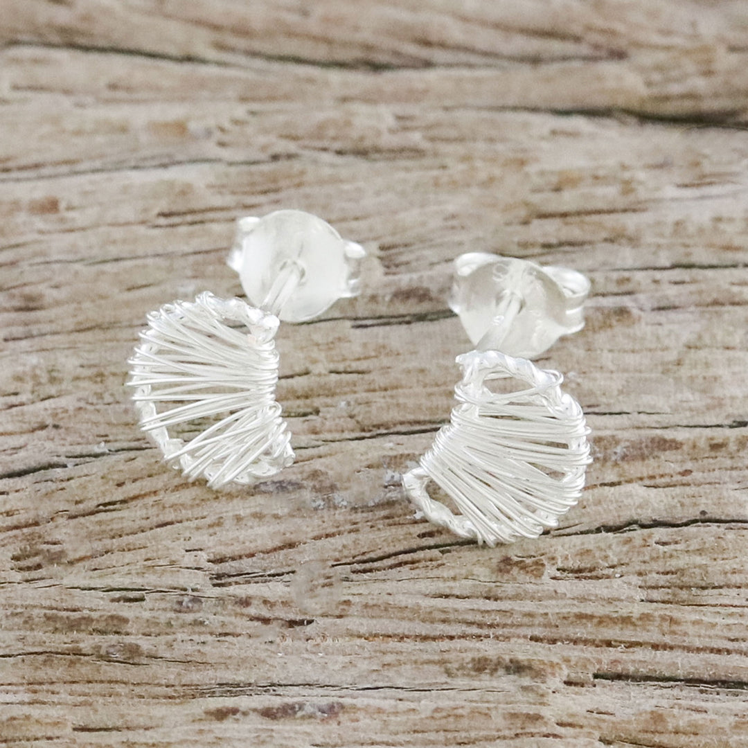 Thai Artisan Sterling Silver Wire Wrapped Moon Stud Earrings - Unseen Moons