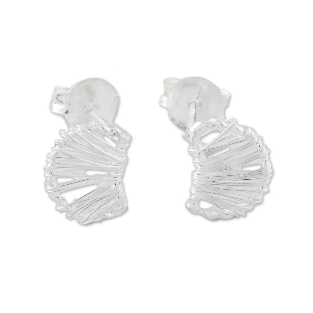 Thai Artisan Sterling Silver Wire Wrapped Moon Stud Earrings - Unseen Moons